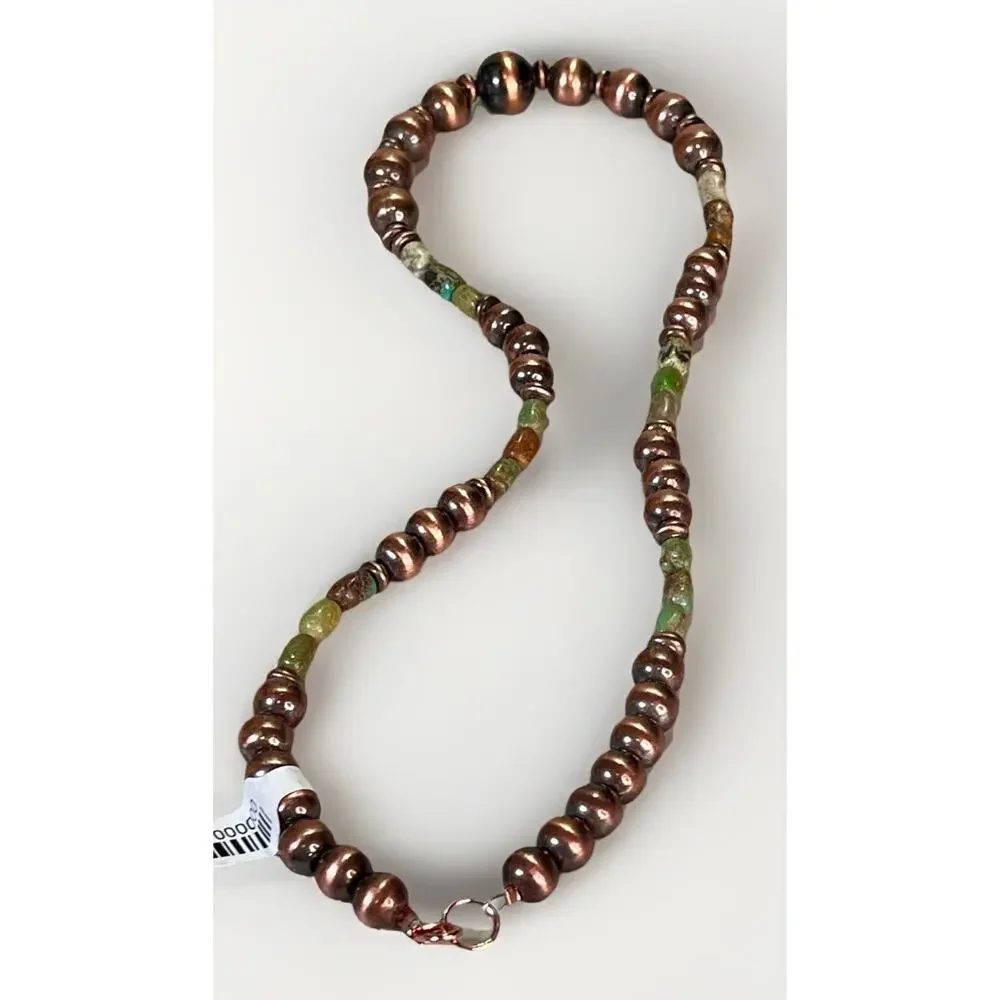 Royston Turquoise Oxidized Copper Desert Pearl 16” Southwestern Beaded Necklace - Picture 6 of 13